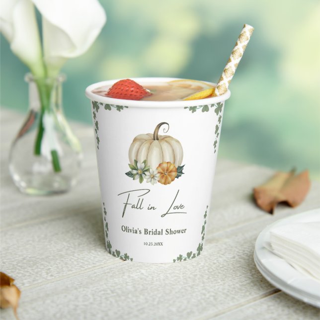 Fall in Love Autumn Greenery Pumpkin Bridal Shower Paper Cups (Insitu)