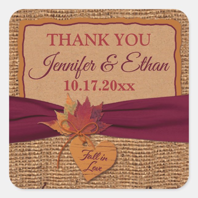 Fall in Love, Autumn Leaves, Burlap Wedding Favour Square Sticker (Front)
