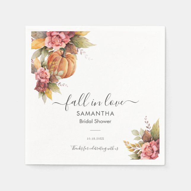 Fall in Love Autumn Leaves Pumpkin Bridal Shower Napkin (Front)