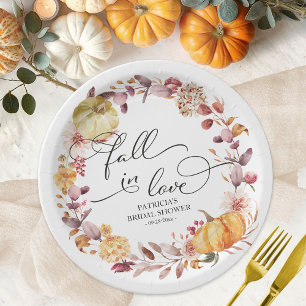 Fall In Love Autumn Leaves Pumpkin Bridal Shower Paper Plate