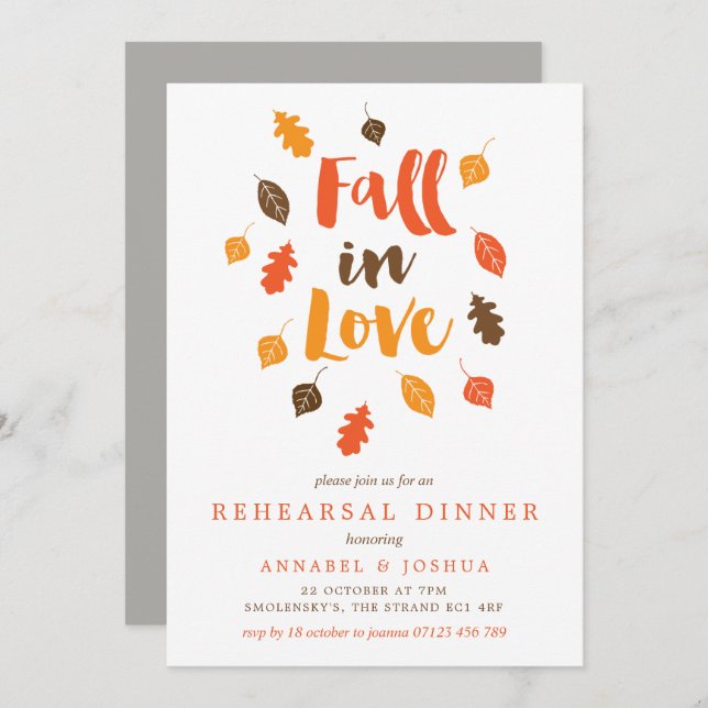 Fall in Love Autumn Leaves Rehearsal Dinner Invitation (Front/Back)