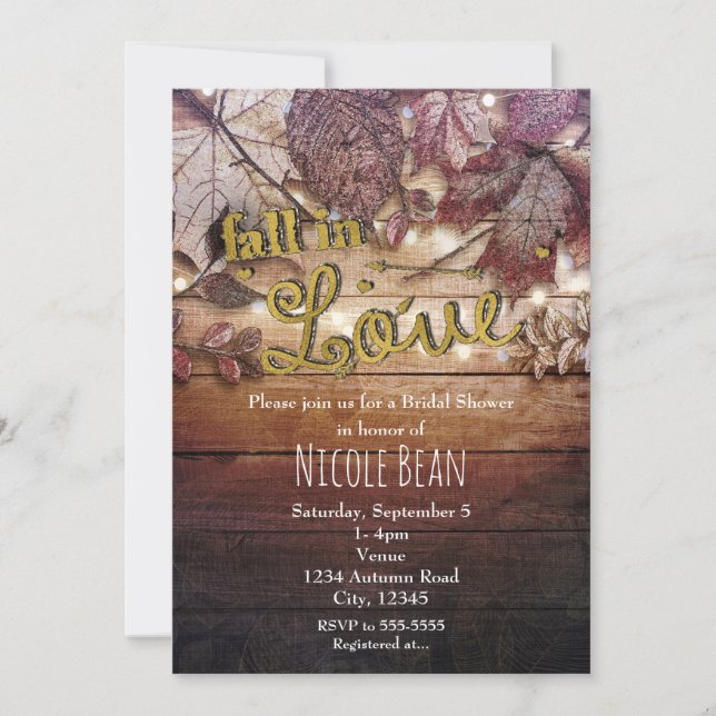 FALL IN LOVE Autumn Leaves Rustic Bridal Shower Invitation (Front)
