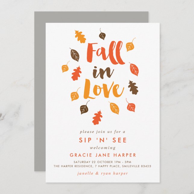 Fall in Love Autumn Leaves Sip & See Invitation (Front/Back)