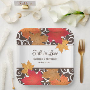Fall In Love  Autumn Leaves Wedding Monogram Paper Plate