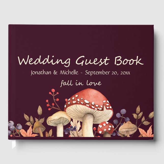 Fall in Love Autumn Mushrooms and Plants Wedding Guest Book (Front)
