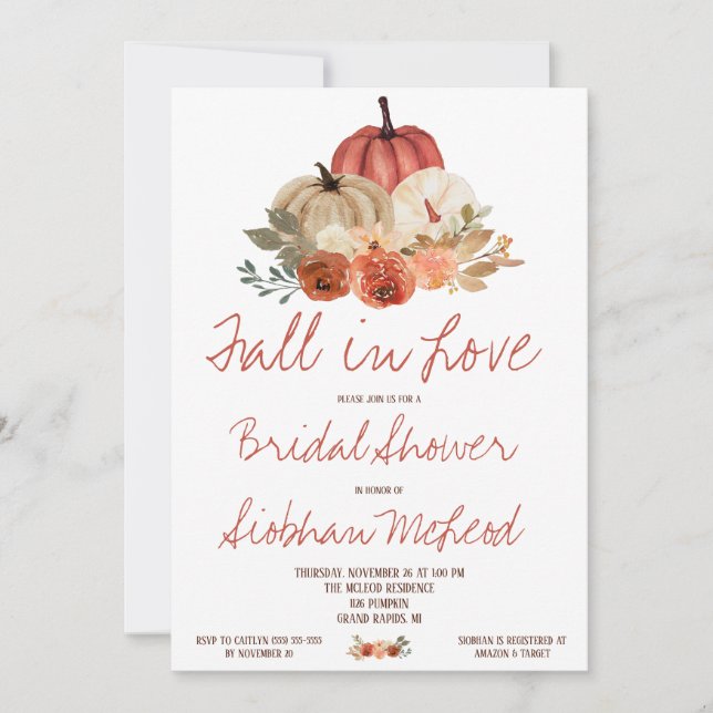 Fall in Love, Autumn Pumpkin Floral Bridal Shower Invitation (Front)