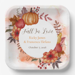 Fall In Love Autumn Pumpkin Wedding Engagement Paper Plate