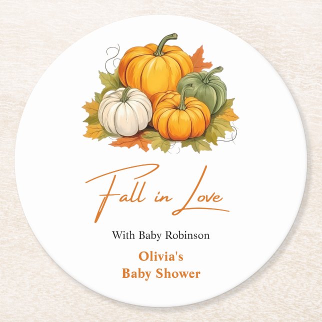 Fall in Love Autumn Rustic Pumpkin Baby Shower  Round Paper Coaster (Front)
