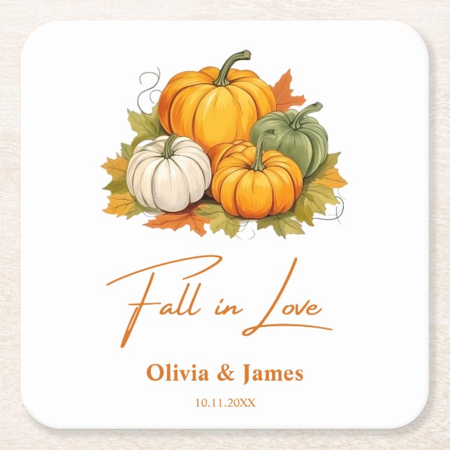 Fall in Love Autumn Rustic Pumpkin Wedding  Square Paper Coaster (Front)