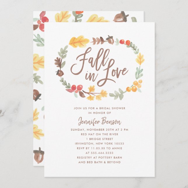 Fall in Love Autumn Watercolor Bridal Shower Invitation (Front/Back)