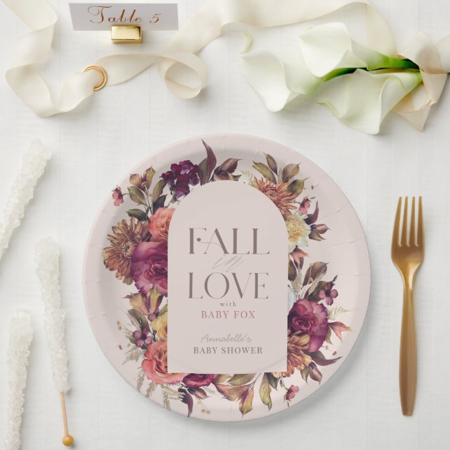 Fall in Love Autumn Wreath Arch Pink Baby Shower Paper Plate (Wedding)