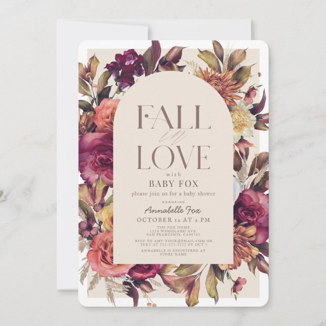 Fall in Love Autumn Wreath Arch Tan Baby Shower Invitation (Front)