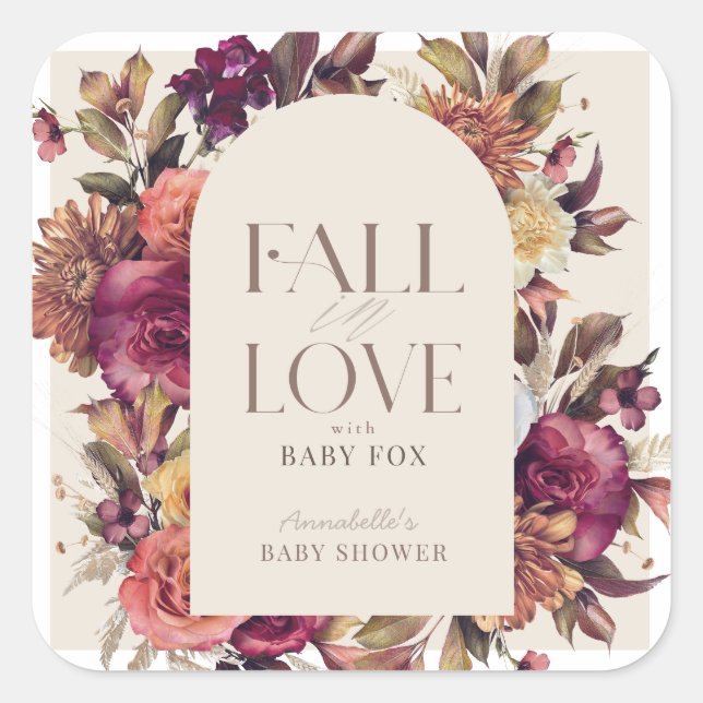 Fall in Love Autumn Wreath Arch Tan Baby Shower Square Sticker (Front)