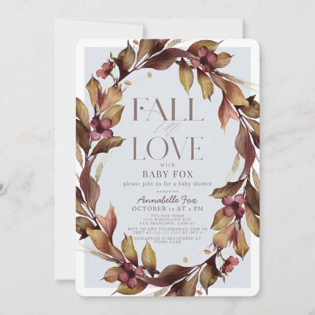 Fall in Love Autumn Wreath Blue Baby Shower Invitation (Front)