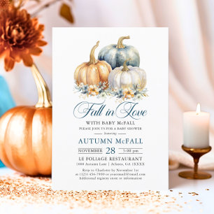 Fall in Love Baby Shower Gold Blue Pumpkins Invitation