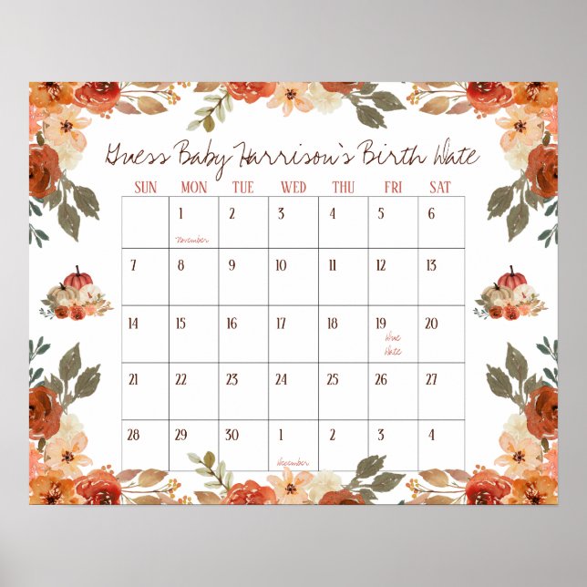 Fall in Love, Baby Shower Guess Baby's Birth Date  Poster (Front)