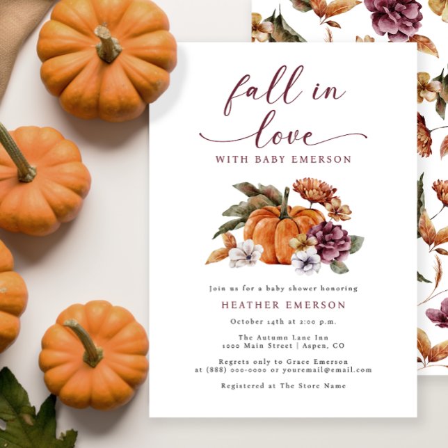 Fall In Love Baby Shower Invitation (A Little Pumpkin Is On The Way Baby Shower Invitation Fall Autumn Watercolor Floral)