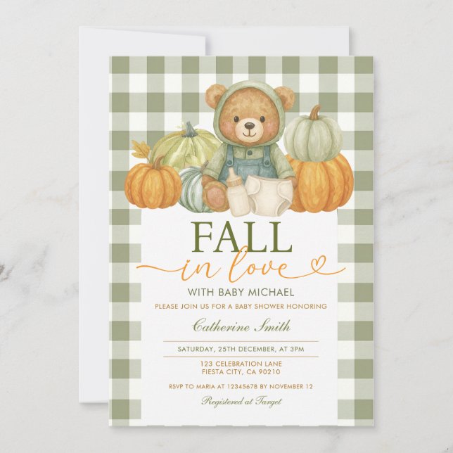 Fall in love Bear Pumpkin Baby shower Gingham Invitation (Front)