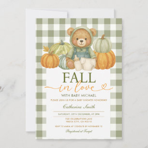 Fall in love Bear Pumpkin Baby shower Gingham Invitation