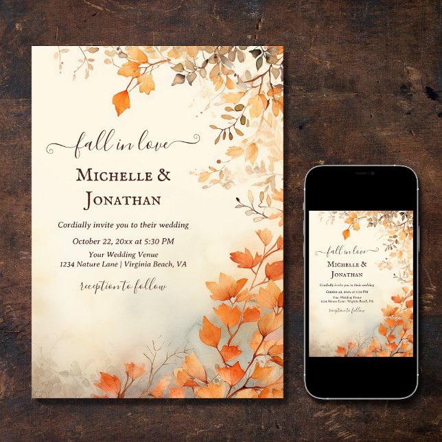 Fall in Love Beautiful Autumn Leaves Fall Wedding Invitation (Printed and Digital - Fall in Love Beautiful Autumn Leaves Fall Wedding Invitation)
