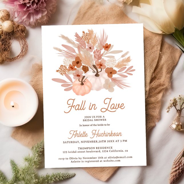 Fall in love beige floral boho chic bridal shower invitation (Fall in love beige floral boho chic bridal shower invitation on white)