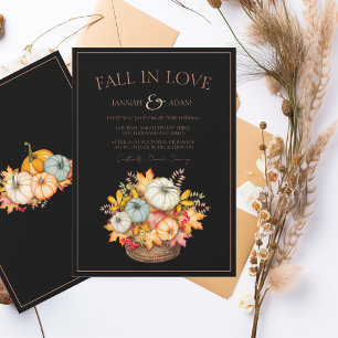 Fall in Love Black Autumn Fall Pumpkins Wedding Invitation