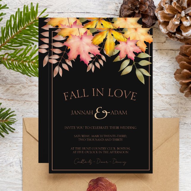 Fall in Love Black Fall Autumn Leaves Wedding Invitation (Creator Uploaded)