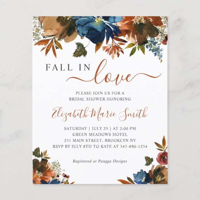 Fall in Love Blue Floral Bridal Shower Invitation (Front)