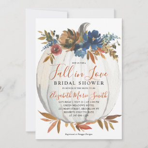Fall in Love Blue Floral Pumpkin Bridal Shower Invitation