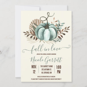 Fall in Love, Blue Pumpkin, Floral Bridal Shower Invitation