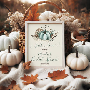 Fall in Love, Blue Pumpkin, Floral Bridal Shower Poster
