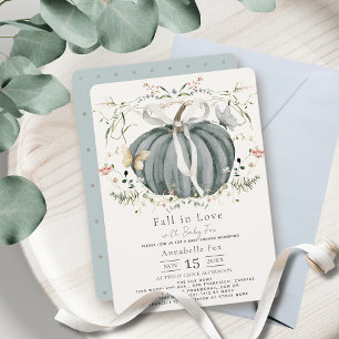 Fall in Love Blue Pumpkin Wildflower Baby Shower Invitation