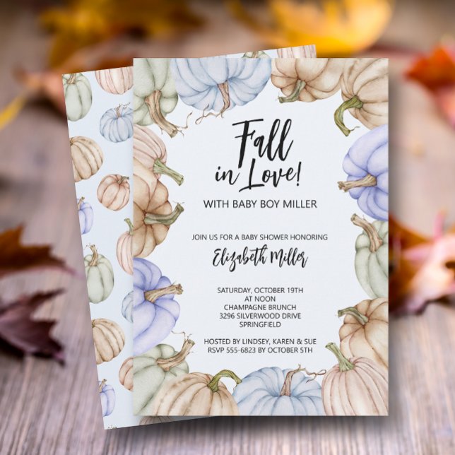 Fall in Love Blue Pumpkins Baby Shower Invitation (Blue pumpkins boy baby shower Fall In Love invitations, INSTANT DOWNLOAD and/or PRINTED)