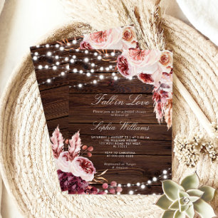 Fall in Love Bohemian Rustic Wood Bridal Shower Invitation