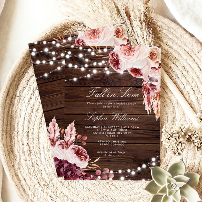 Fall in Love Bohemian Rustic Wood Bridal Shower Invitation (Creator Uploaded)