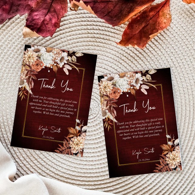 Fall in love boho dried brown roses bridal shower thank you card (Boho dry flowers autumn fall in love bridal shower thank you cards burgundy brown background floral)