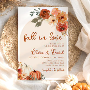 Fall in Love Boho Floral Pumpkin Autumn Wedding Invitation
