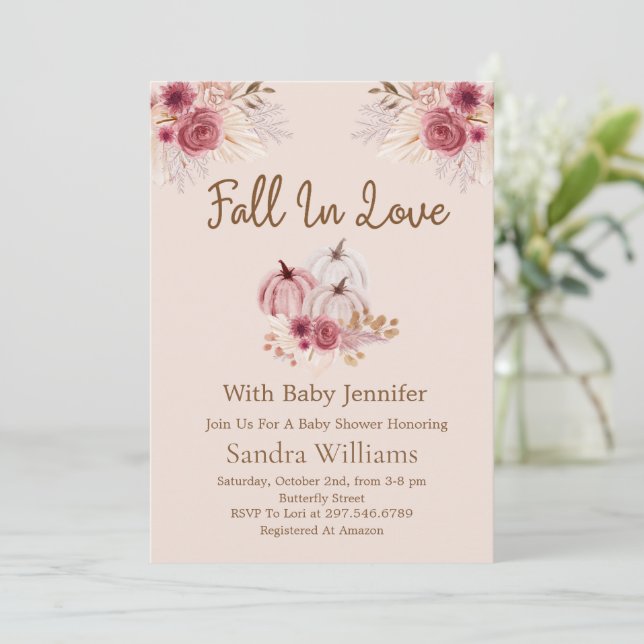 Fall In Love Boho Pink Pumpkin Autumn Baby Shower Invitation (Standing Front)