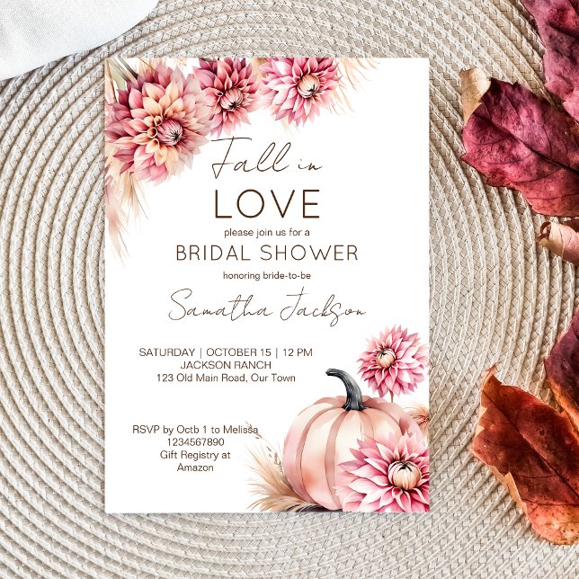 Fall in love boho pumpkin dahlias bridal shower invitation (Fall in love bridal shower template invitation earthy boho desert pink pumpkins and dahlias pampas)