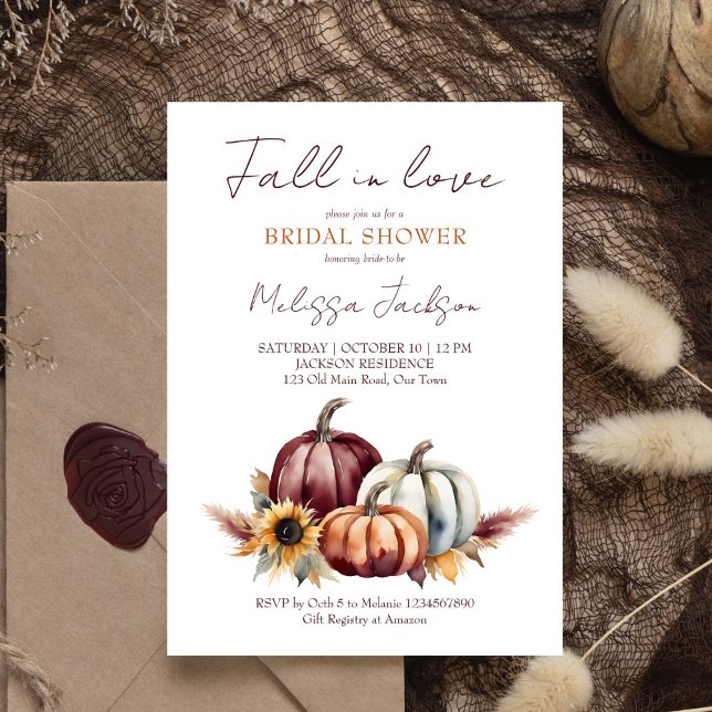 Fall in love boho pumpkin sunflower bridal shower invitation (Fall in love burgundy pumpkins sunflowers bridal shower template invitation digital download autumn)