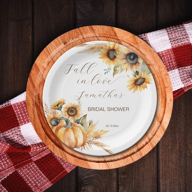 Fall in love boho pumpkin sunflowers tableware paper plate (Fall in love boho sunflowers pumpkin pampas grass bridal shower tableware personalized plates)