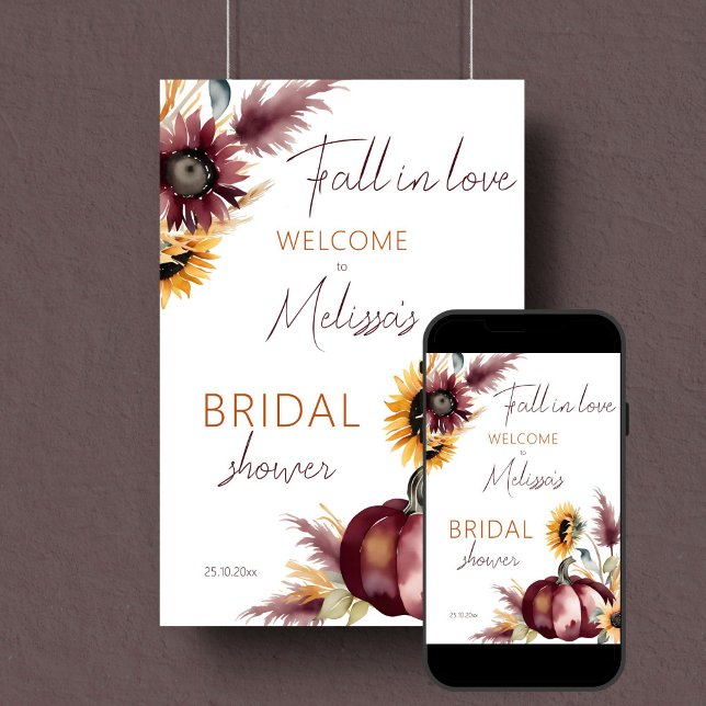 Fall in love boho pumpkin sunflowers welcome sign (Fall in love boho pumpkin sunflowers bridal shower template welcome sign poster digital download)