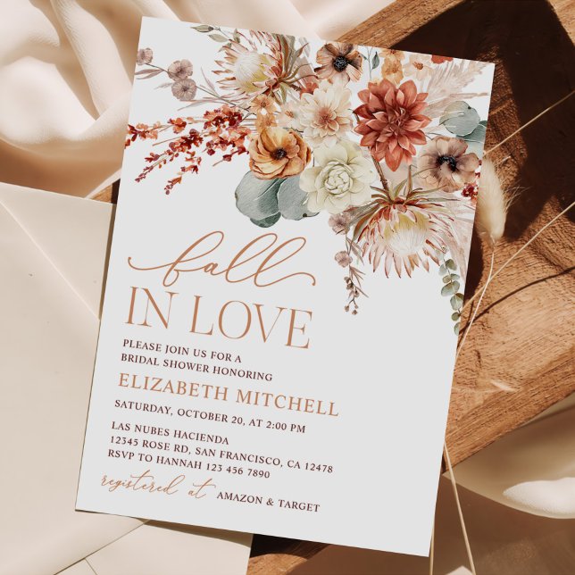 Fall In Love Boho Terracotta Flowers Bridal Shower Invitation (Creator Uploaded)
