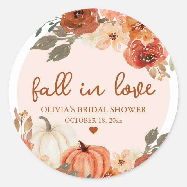 Fall in Love Boho Terracotta Pumpkin Bridal Shower Classic Round Sticker (Front)