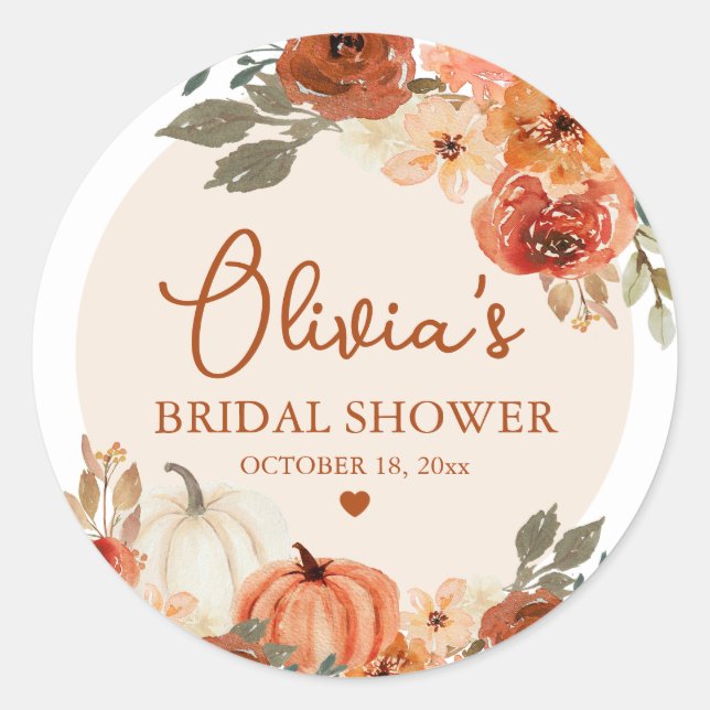 Fall in Love Boho Terracotta Pumpkin Bridal Shower Classic Round Sticker (Front)