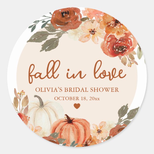 Fall in Love Boho Terracotta Pumpkin Bridal Shower Classic Round Sticker (Front)