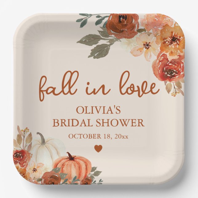 Fall in Love Boho Terracotta Pumpkin Bridal Shower Paper Plate (Front)