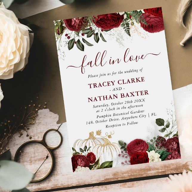 'Fall In Love' Botanical Floral Pumpkin Wedding Invitation (Creator Uploaded)