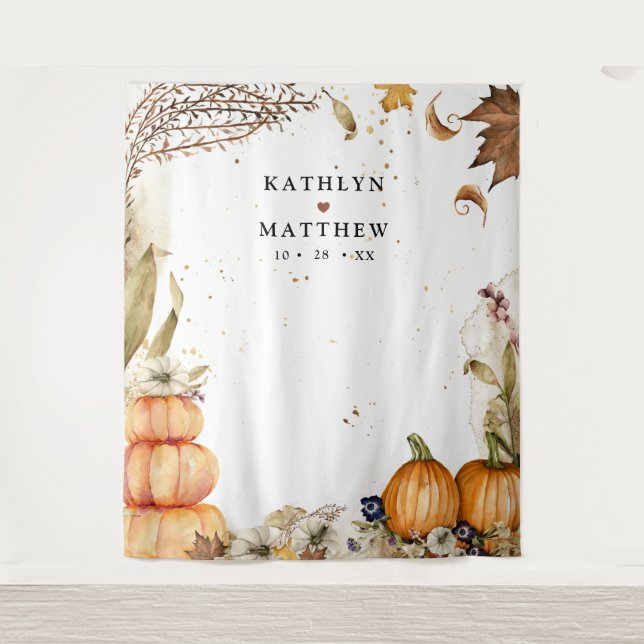 Fall in Love Botanical Pumpkin Autumn Wedding Tapestry (Front)