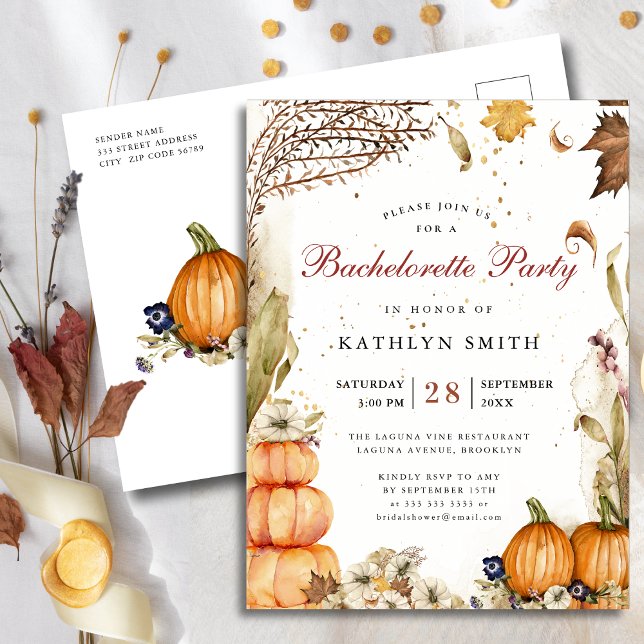 Fall In Love Botanical Pumpkin Bachelorette Party Invitation Postcard (Creator Uploaded)